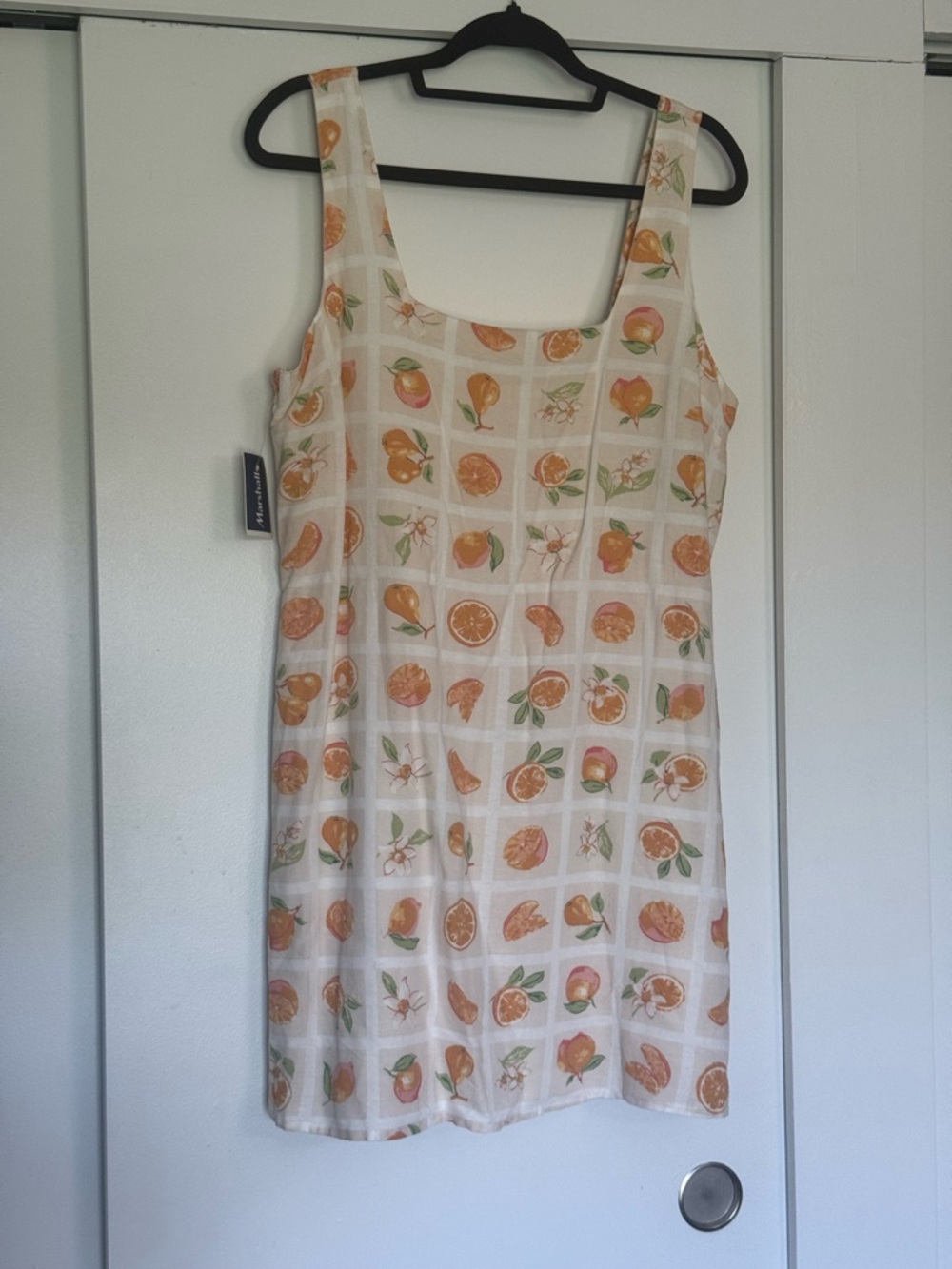 Orange Pear Floral Mini Dress with Pockets and Plaid Detail